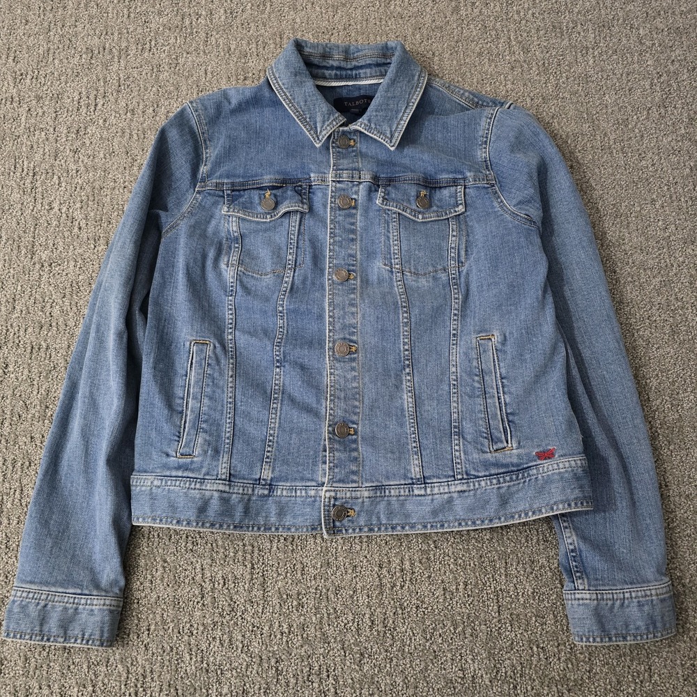 Talbots Womens L Stretch Denim Jean Jacket Embroidered Trucker
